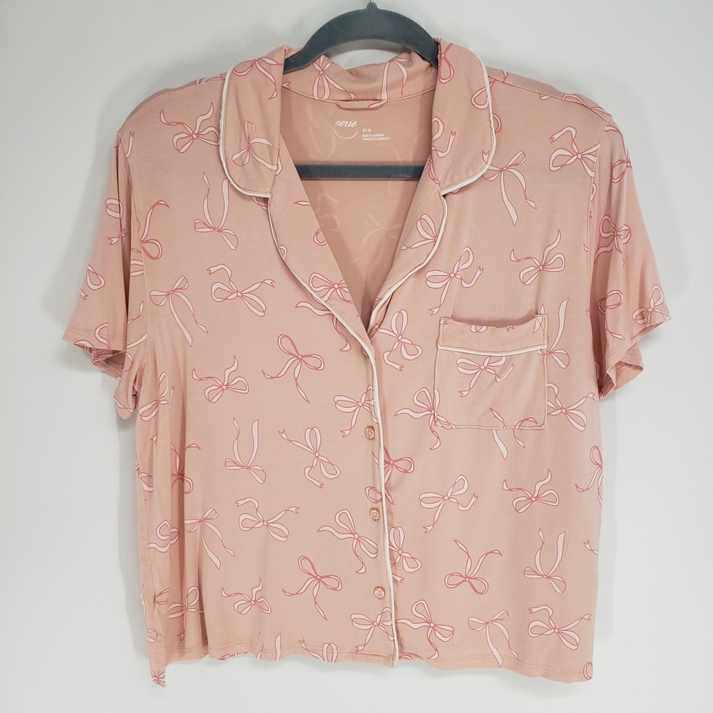 Aerie Bow Print Pajama Top Women Medium Pink Short Sleeve Button Down Shirt